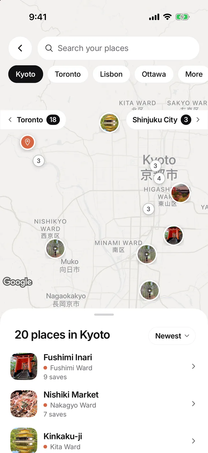 The Places map of Kyoto, a photo on every pin