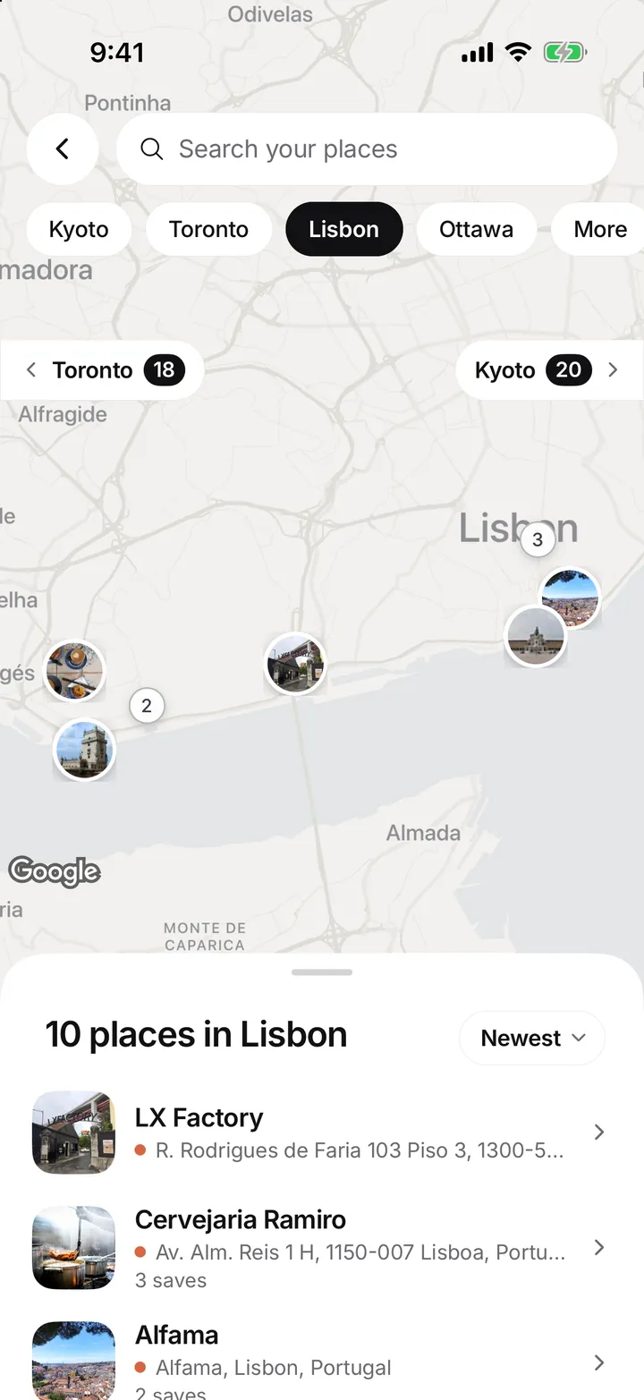 Your saved places in Lisbon on the Places map, 10 places from 15 saves