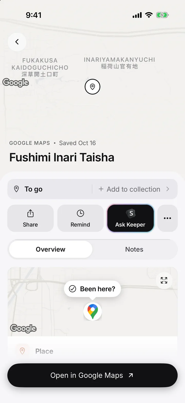 Fushimi Inari Taisha saved To go, with its place on a map