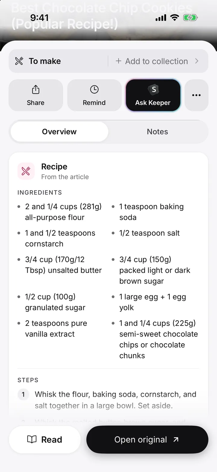 A cookie recipe saved To make, with its ingredients and steps