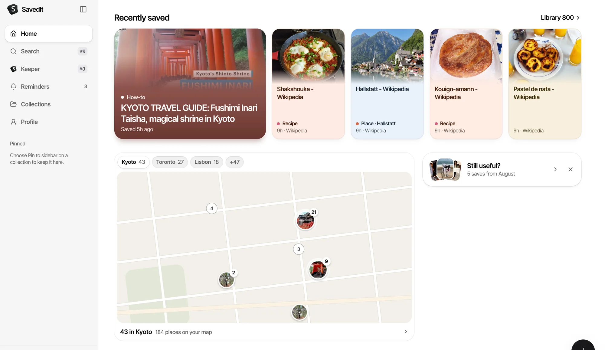 SavedIt on the web: Recently saved, and your places on a map