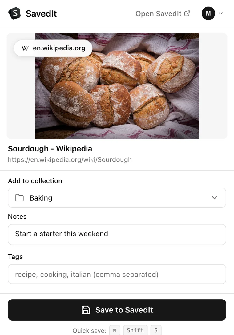 The SavedIt extension: Sourdough from Wikipedia, added to Baking, with a note, then Save to SavedIt